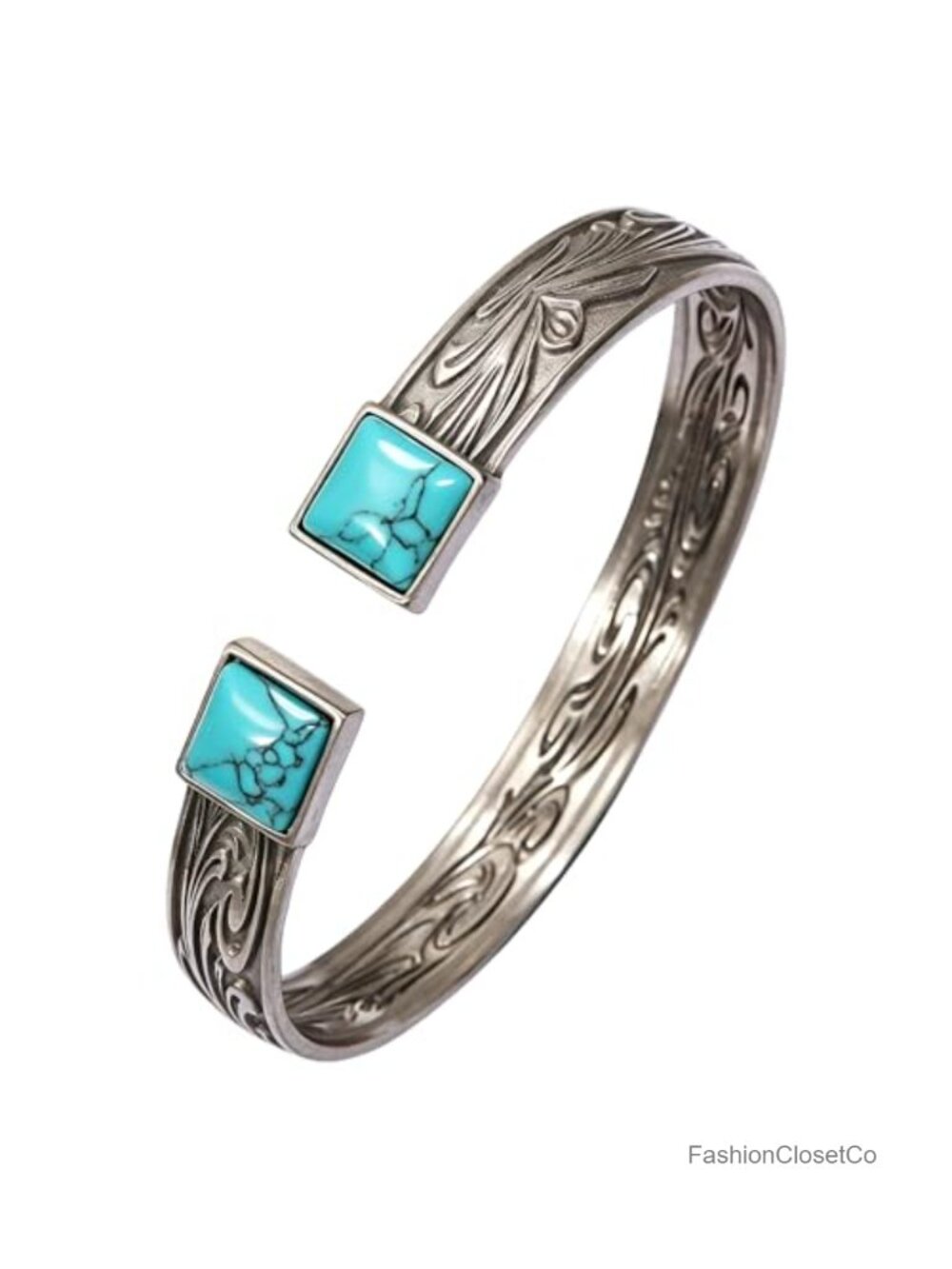 Engraved Turquoise Bangle Cuff Bracelet Stainless Steel Adjustable Western Boho